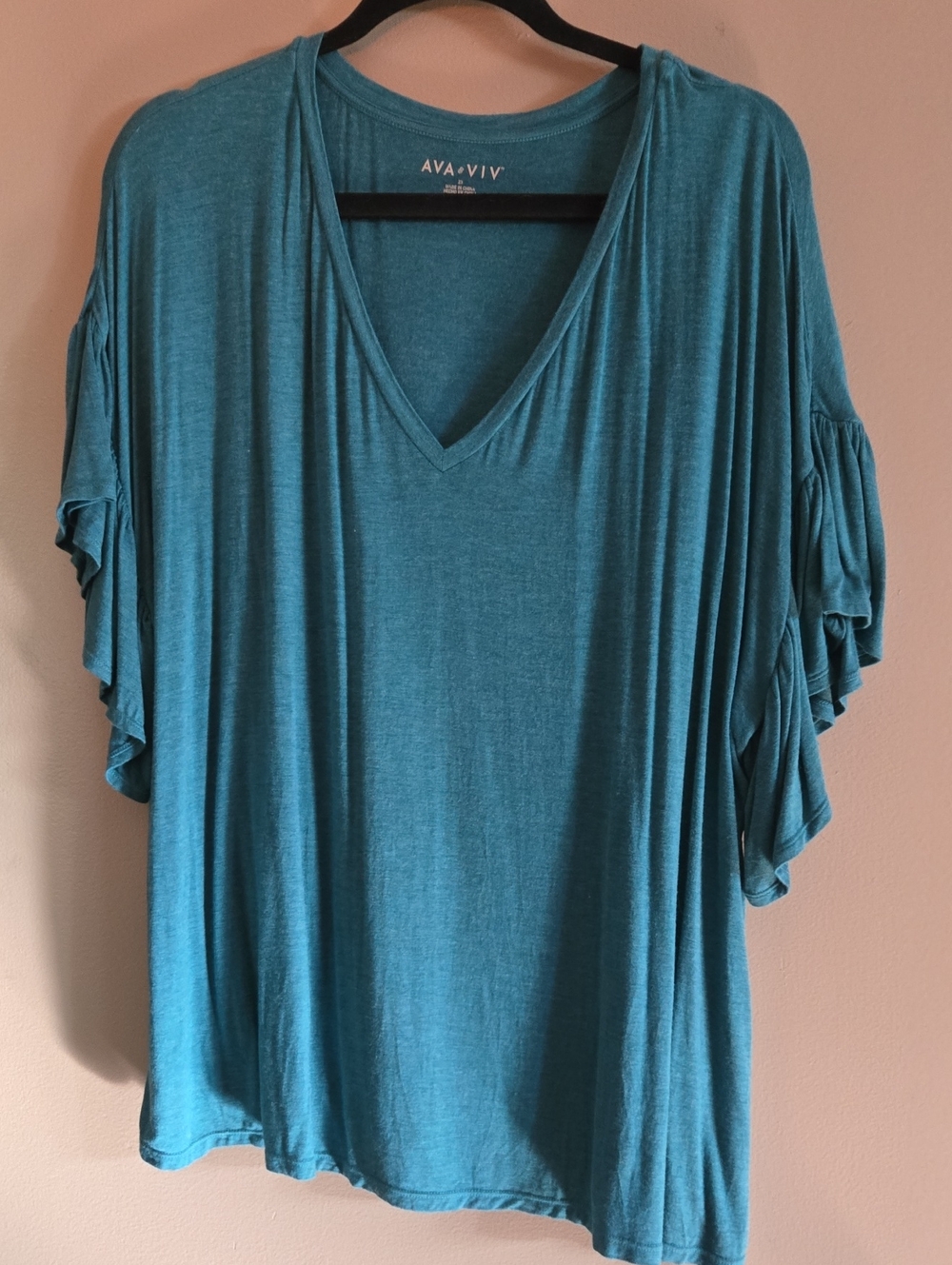 Ava & Viv Teal V-Neck Ruffle Sleeve Top